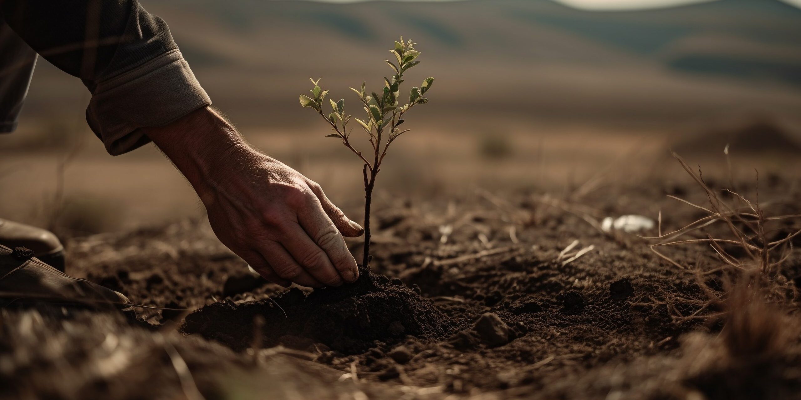 Hand of farmer planting new life outdoors generated by AI Comisia Europeană: fonduri pentru proiecte de cercetare pentru îmbunătățirea solurilor degradate